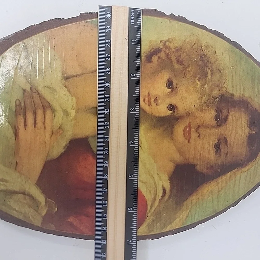 Vintage Madonna and Child Wood‎ Slice Plaque – Religious Wall Art – Bark Edge...